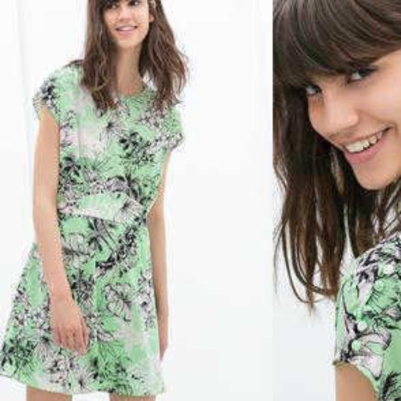 0025 NWT Zara green and while floral dress sz M - Picture 1 of 7
